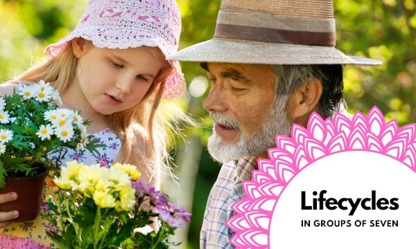 Grandfather gardening with granddaughter